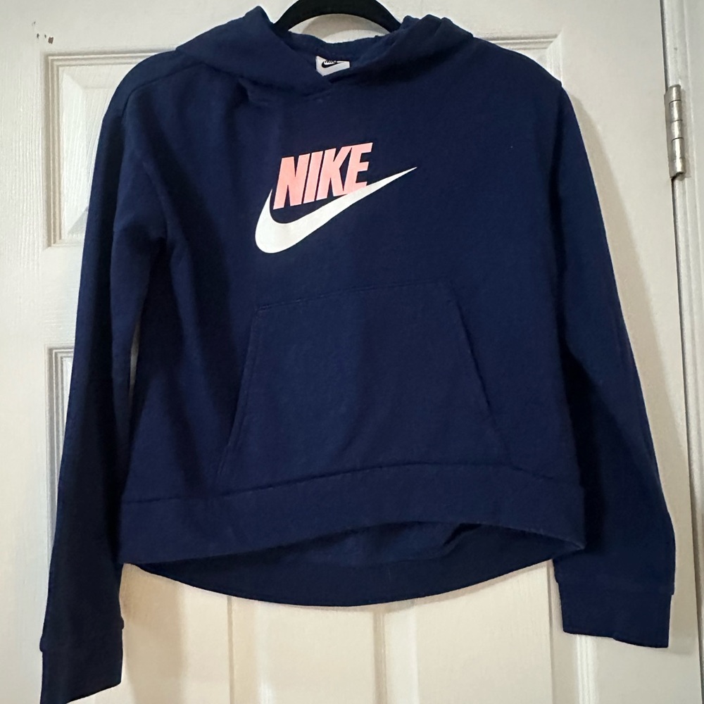 Youth Nike Navy Blue Hoodie with Pink Logo